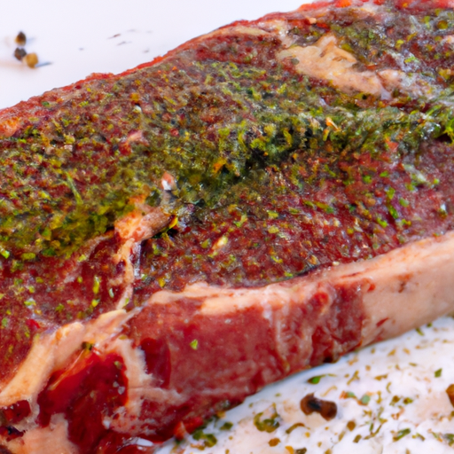 A raw steak seasoned with salt, pepper, and herbs ready to be cooked