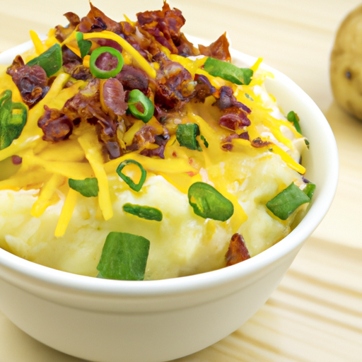 A bowl of loaded baked potato mashed potatoes topped with crispy bacon bits, shredded cheddar cheese, and chopped green onions.